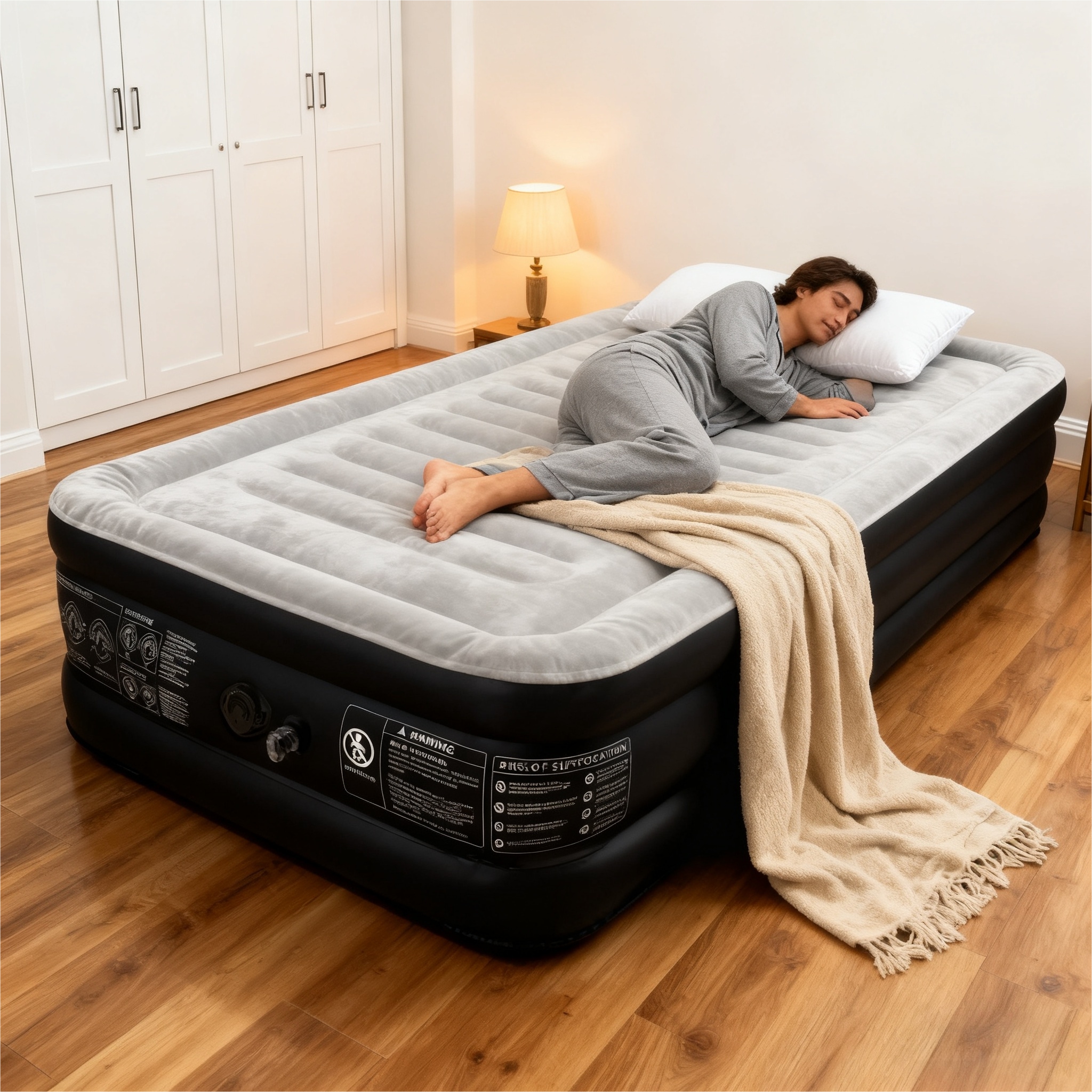 صورة العنصر سرير هوائي مع مضخة هواء كهربائية، مرتبة هوائية ذاتية النفخ لشخص أو شخصين، نفخ سريع + حقيبة، سرير ضيوف خفيف الوزن للمنزل والتخييم