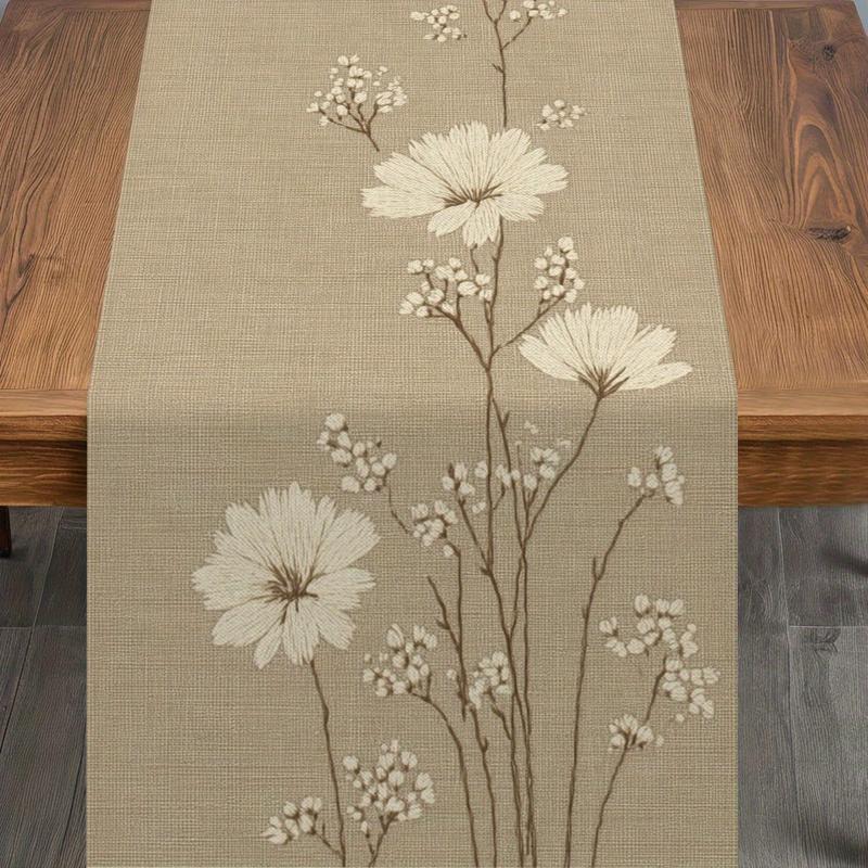 photo de l'article [3 tailles disponibles], chemin de table imprimé plat 2d, motif floral blanc  , tissu décoratif   de style naturel pour table à manger, convient à toutes  , printemps été automne hiver,   en cuisine, décoration de table, lavable en machine