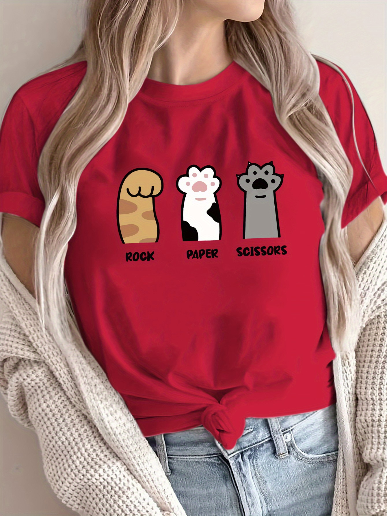 t-shirt gráfica rock, paper, scissors para mulheres - casual, confortável, moda para   as  , tecido   e elástico, decote  ,    , roupa casual | estampa   |   confortável