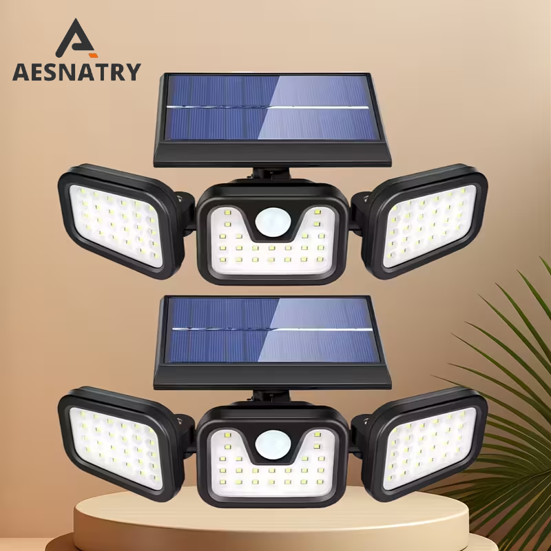 E-shop 2er-Set Solarbetriebene Outdoor-Leuchte mit drei Köpfen und Bewegungsmelder | Weitwinkel-LED-Beleuchtung, 3-stufig einstellbare Helligkeit,