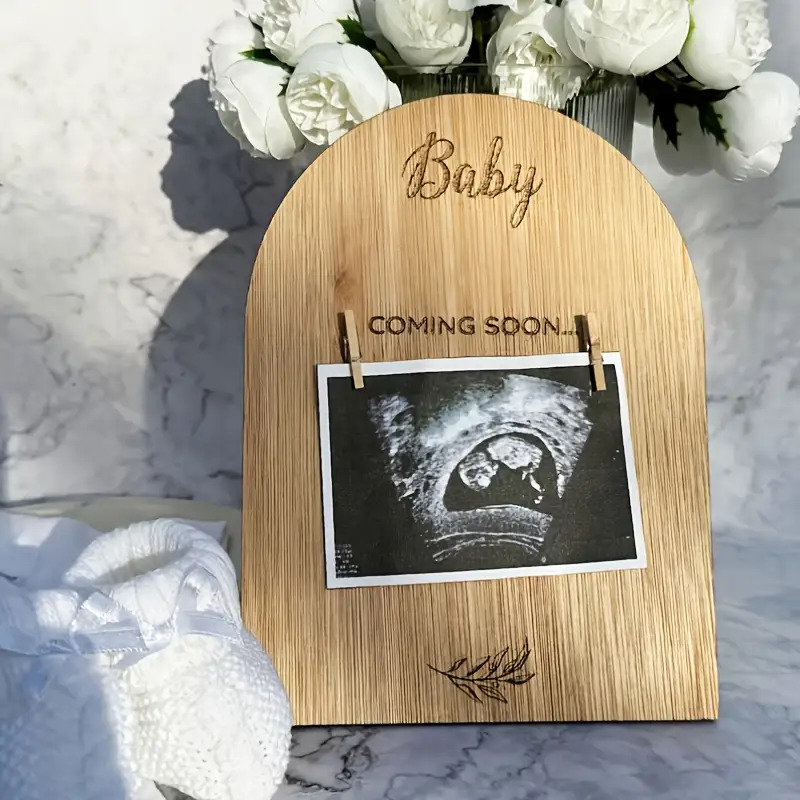 Handmade Rustic Wood Pregnancy Announcement Board With Ultrasound Photo Frame - Baby Shower Display, Decor & Gender Reveal Sign - Wood Grain For Scanning Pictures Grow