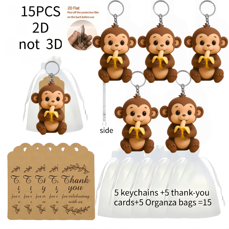 TEMU 2d Flat, 2d Flat Acrylic 15pcs(banana Monkey) Keychains, (5 2d Design Acrylic Keychains+ 5 Thank-you Cards+ 5 Gift Mesh Bags) Keychains- Acrylic