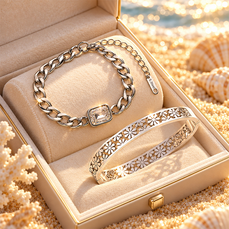 2pc Adjustable Chunky Chain & Floral Carved Bangle Set