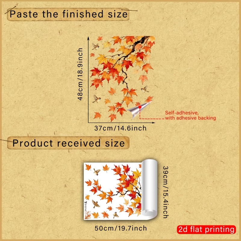 TEMU 2d Flat - 2d Flat - 2d Watercolor Fall Themed Maple Branch And Bird Static Cling Window Stickers, Reusable Removable No Glue Easy And Stick