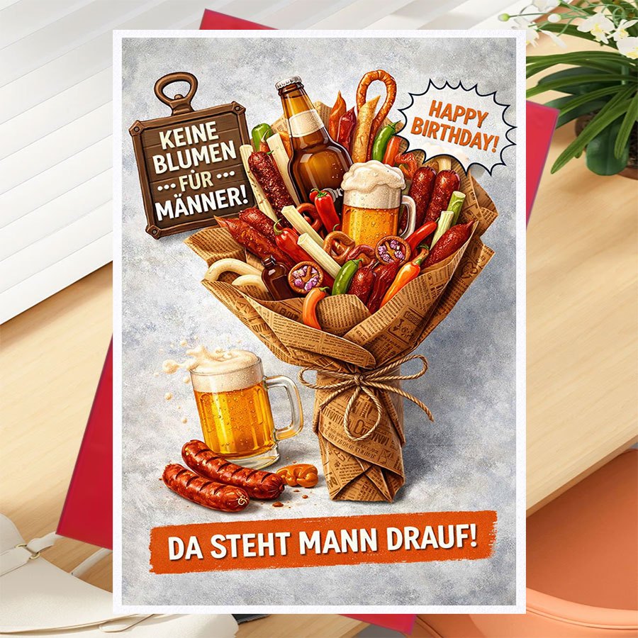 E-shop 1 Grußkarte + 1 Umschlag – 1 Stück Grußkarte für Männer, ideal als Geschenk von Freunden für lockere , mit Bier- Wurststrauß-Design