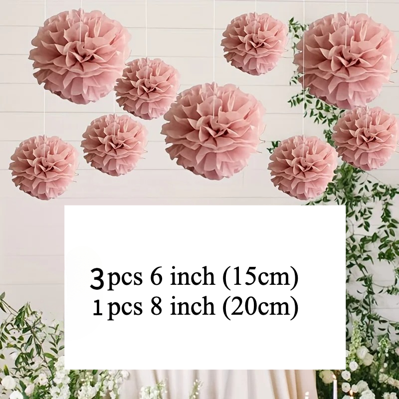 TEMU 4pcs 6-inch And 8-inch Pink Paper Flower Balls - Wedding, Bridal Shower, Engagement, Birthday, And Celebration Party Elegant Hanging Decorations