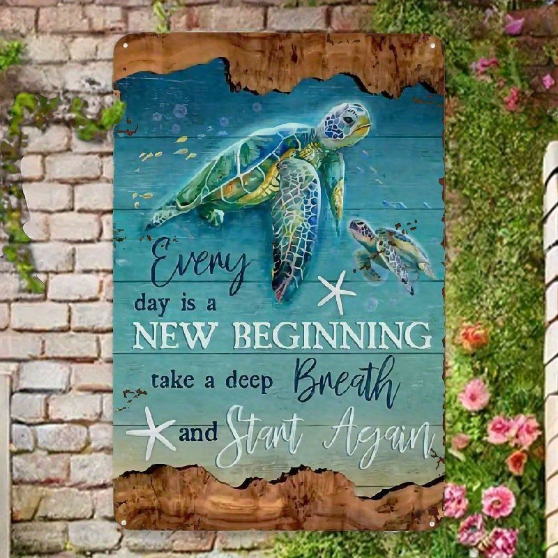 TEMU 1pc Aluminum Wall Art - Modern Metal Sea Turtle & Ocean With " Day Is A New Beginning" Quote, Turquoise & Golden Coastal Beach Decor, Durable