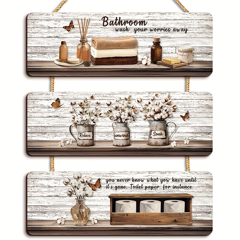 TEMU 3 Wooden Rustic-style Bathroom Wall Decorations, Relaxation And Breathing Plaque Wall Art Decor, Rustic Farmhouse Signs Suitable For
