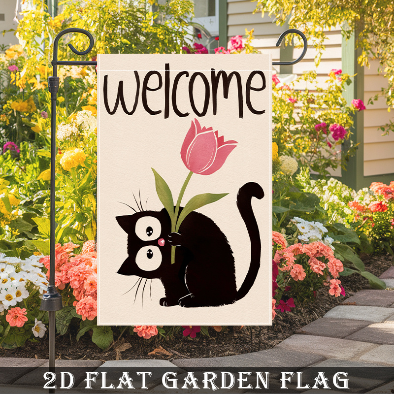 TEMU 2d Flat - 2d Flat - A Double-sided Garden Flag Featuring A Black Cat And A Pink Tulip, With Welcome Messages. Made From Durable Polyester, This
