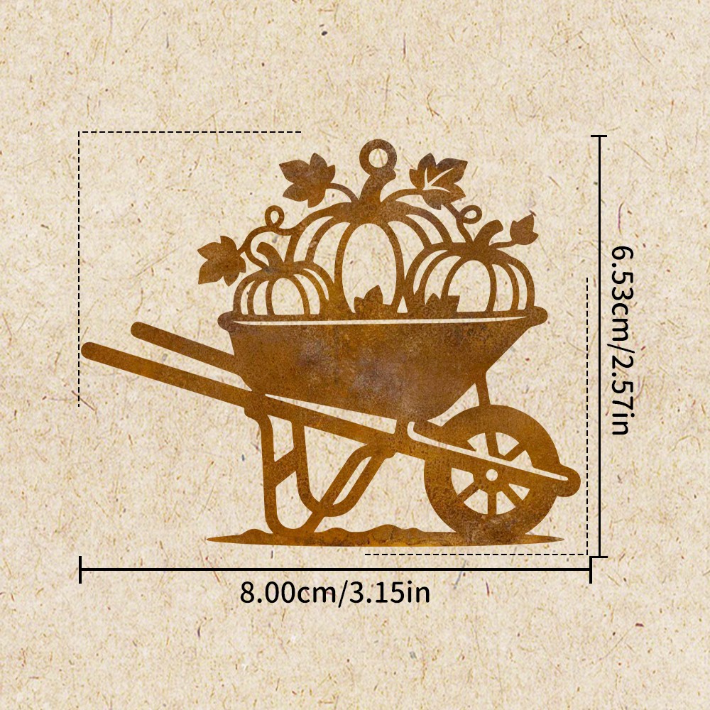 TEMU . rostiger Metall-Schubkarren voller Kürbisse, hängendes Ornament, Vintage Herbst Erntedekor, Bauernschubkarren-Silhouette, hängender Anhänger