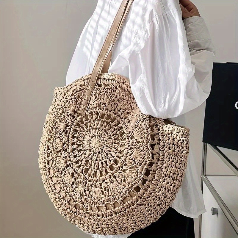 Image of Anniversary Celebration Large Capacity Woven Tote Bag, Bohemian Straw Woven Handbag - Women's Chic Round Tote Bag, Holiday , Relaxed , Easy To Clean