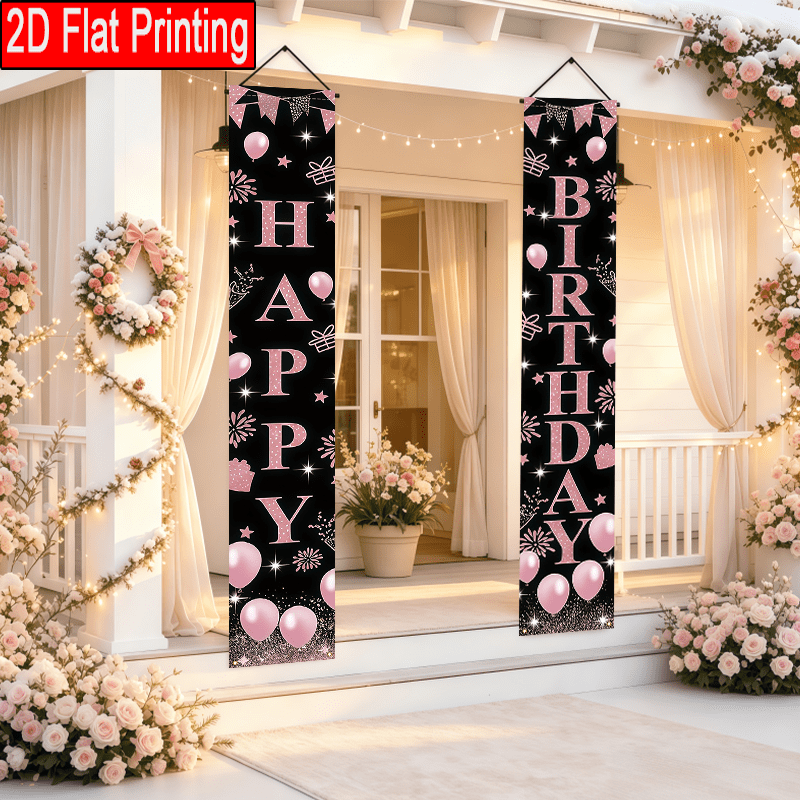 TEMU Bannière Thème Anniversaire 2D Plate - 2D Plate - 2D Plate 2pcs, Noir Rose, Ballon, Décoration de Fête, Drapeau, Décoration de Photographie de