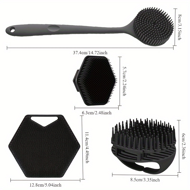 4pcs Silicone Body Brush Set - Long Handle Back Cleaning Brush, Gentle Hair and Facial Brush, Handheld Bath Brush - Non-Electric, Non-Slip Handle, Deep Cleaning and Massage Tool