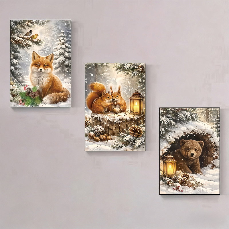 TEMU Nieuwe Aankomst 3 Sets DIY Diamond Painting Kit, Winterbos Kleine Dieren Thema Ronde Diamant, Muurdecoratie voor Thuis voor Feestdagenfeest,