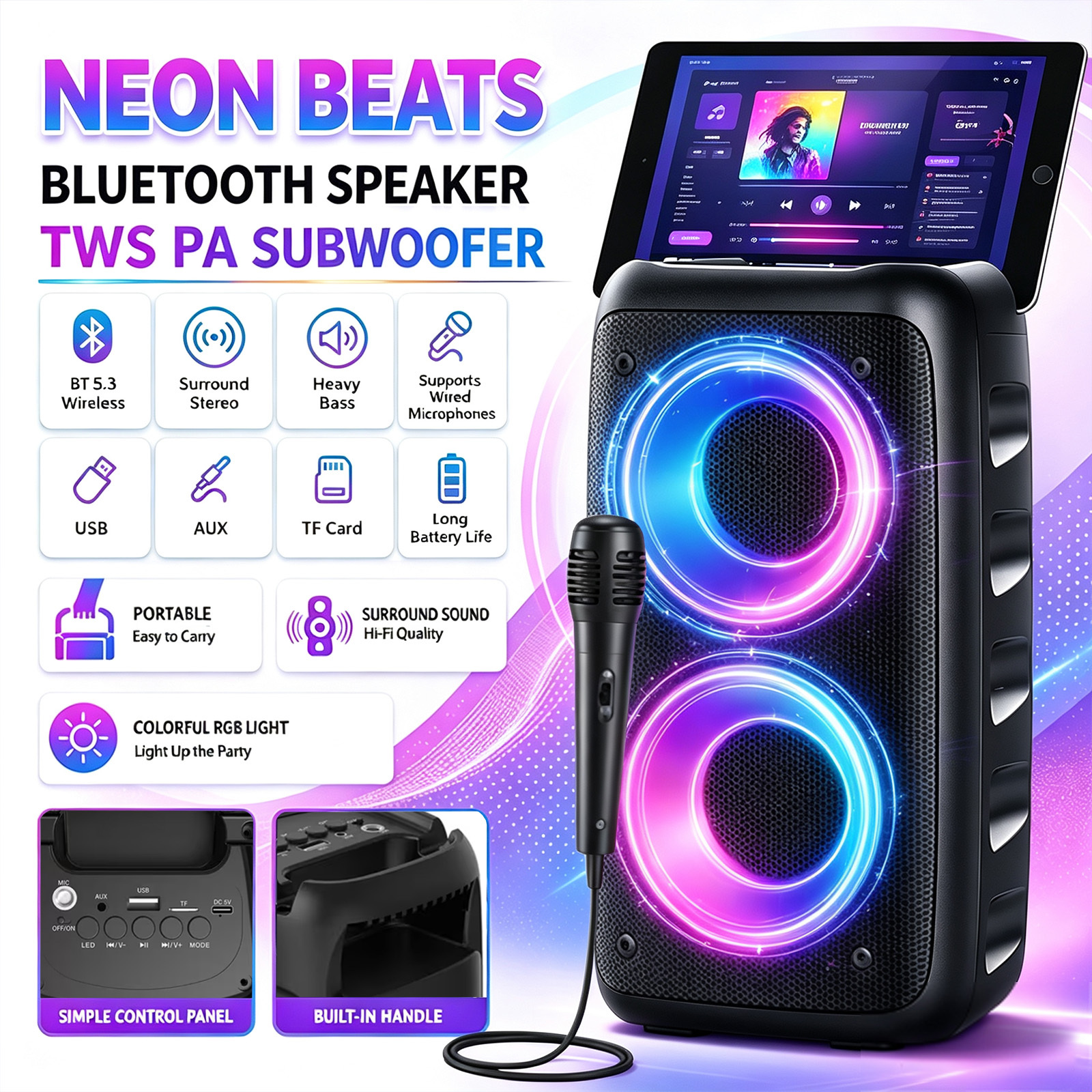 TEMU Dual 4.5-inch Portable Wireless Bluetooth Speaker With Bluetooth 5.3, Retro Subwoofer With Mic, Supports Usb-c/tf Card/fm/tws Stereo,
