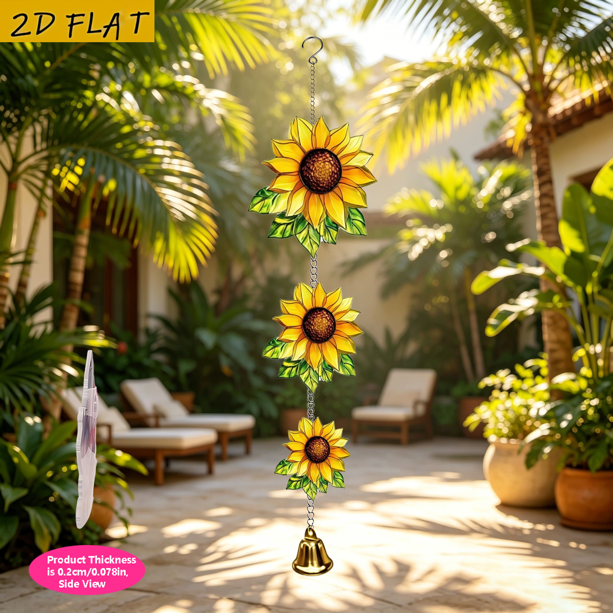 TEMU 2d Flat, 3pcs Sunflower-shaped Wind Chime Ornament, Creative Sunshine , Made Of High-quality Acrylic With , Waterproof, , And Fade-resistant,