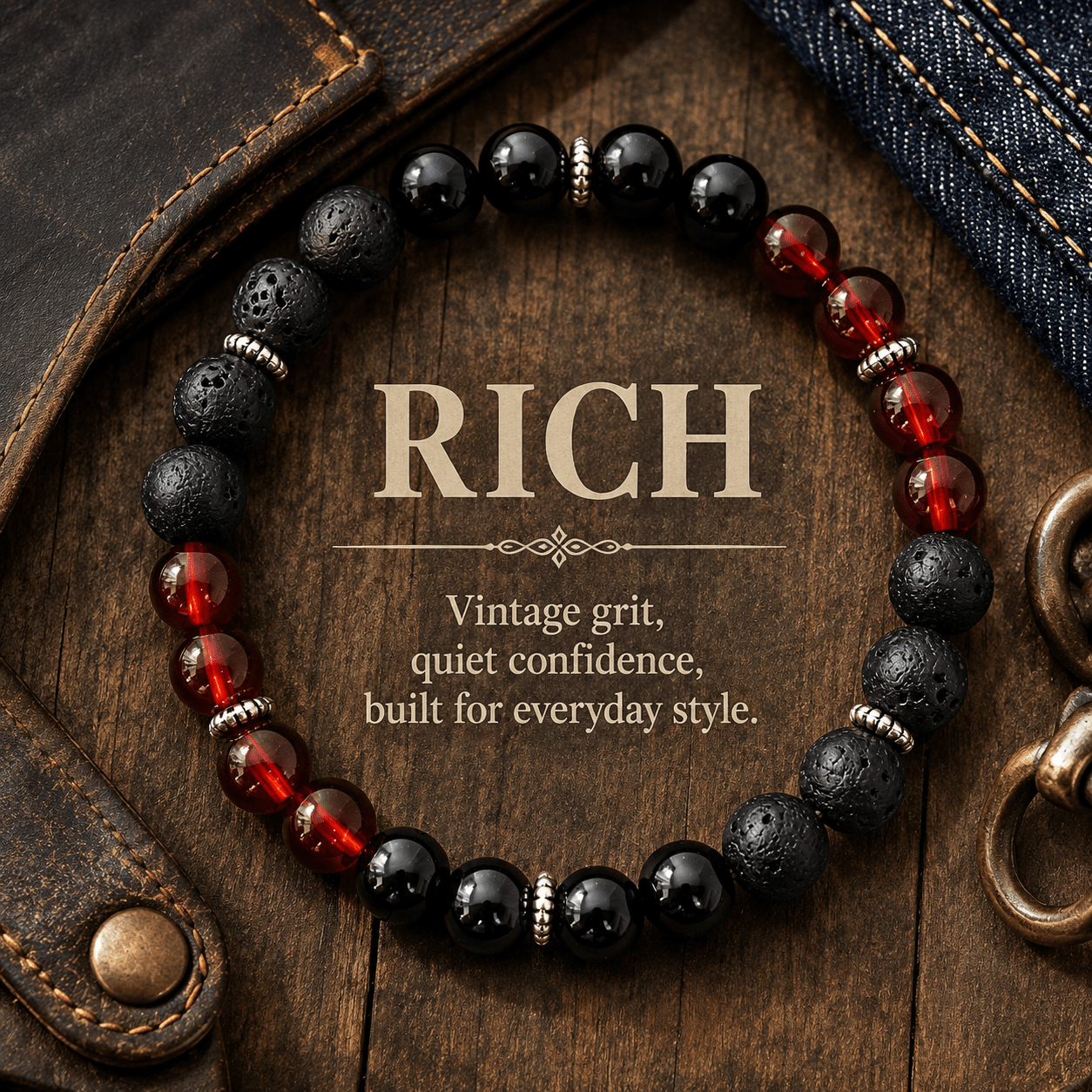 TEMU 1pc Wealth Natural Stone Beaded Bracelet, Handmade With Red Agate And Obsidian, Featuring Howlite, A Bracelet That Wealth And . Stylish Vintage