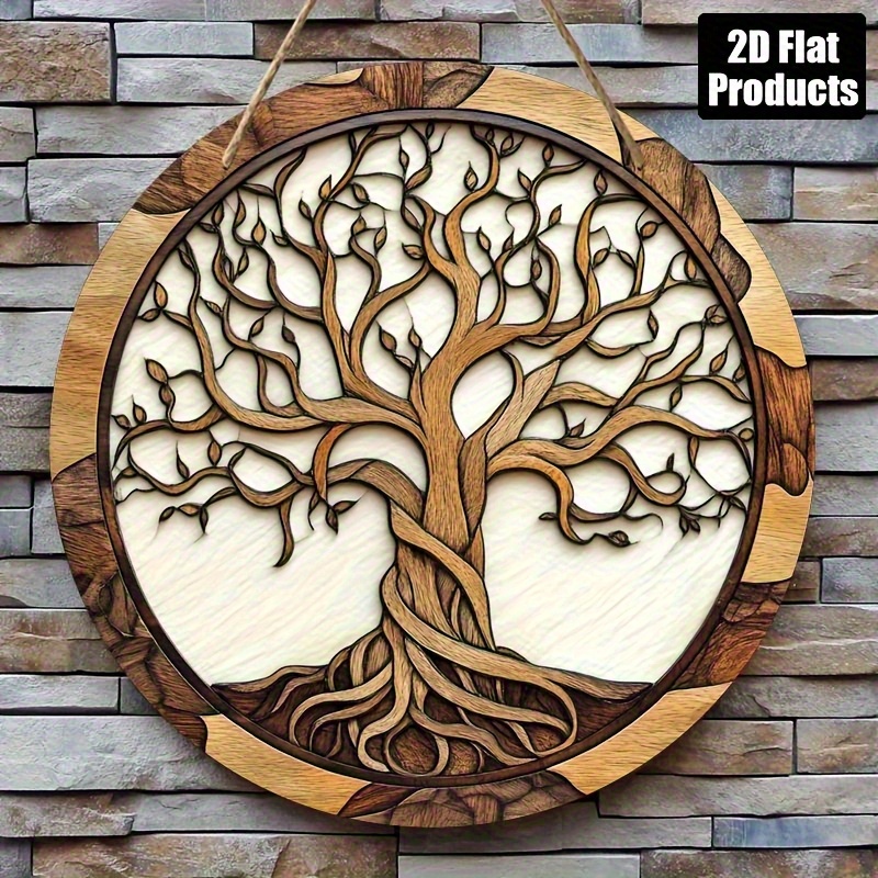 TEMU Art Mural 2D Plat, Arbre de Vie - Panneau Suspendu Rond en Bois Style Rustique, Décoration d'Intérieur pour Salon, Cuisine, Bureau, Café | Motif