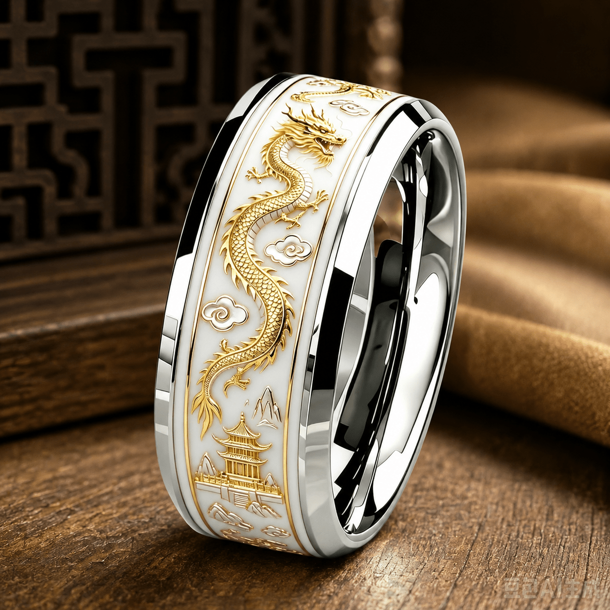 TEMU Light Luxury 8mm 304 304 Stainless Steel Ring, White Background Gilded Dragon With Ancient Architecture Landscape Relief Printing, Exquisite And
