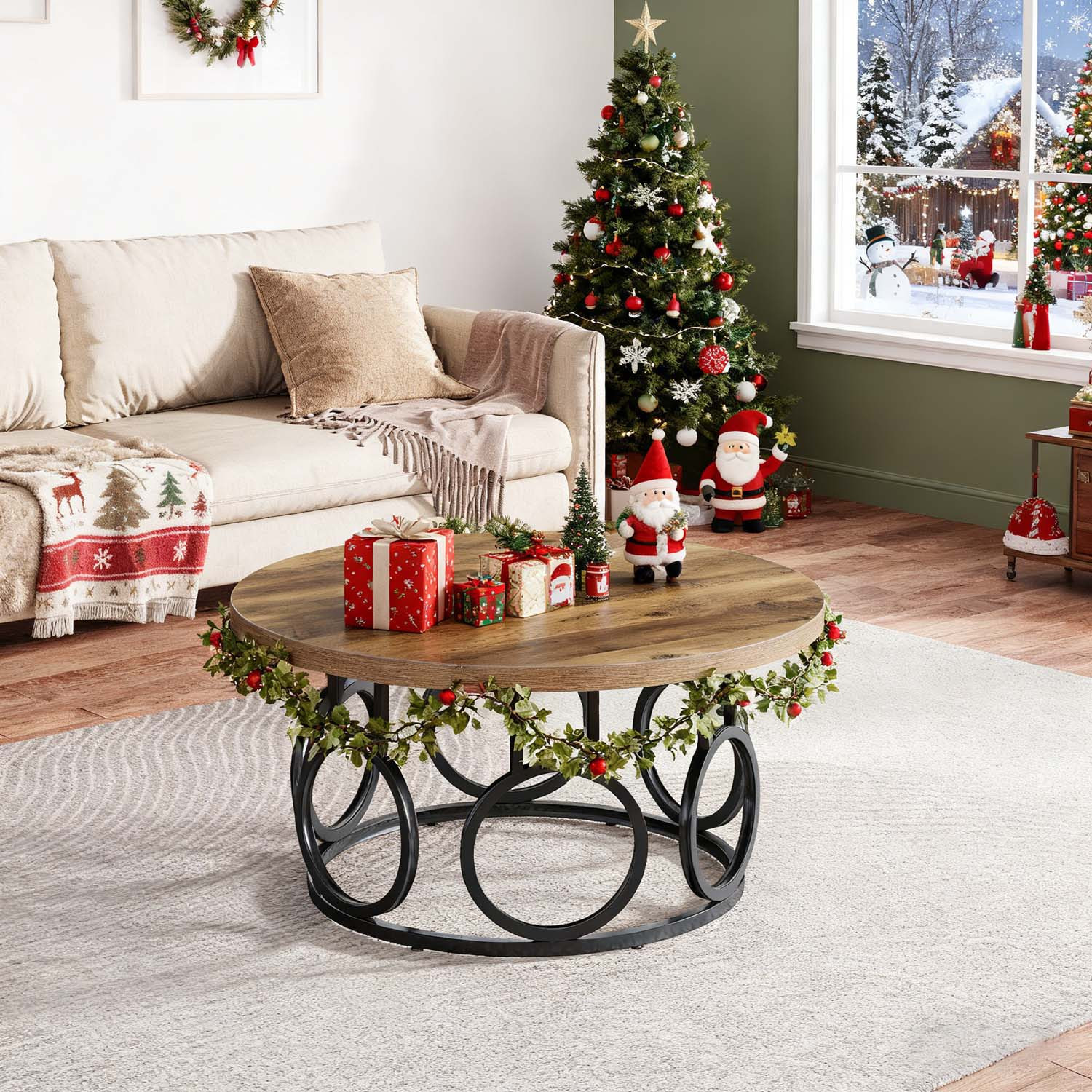 -inch Round Coffee Table For Living Room And Home Office, Industrial Wood Grain Center Table With Sturdy Black Frame, Modern Circle Coffee Table For Holiday Christmas Vibes, Only Table 1pc