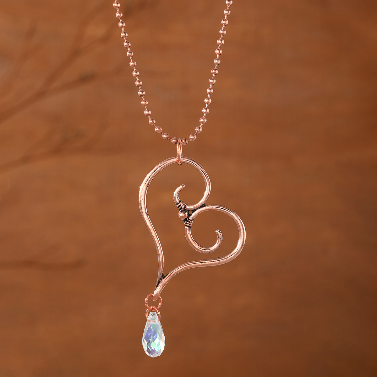 TEMU Vintage Ethnic Style Hollow-out Curly Heart Outline Pendant Necklace For Women With A Hanging Iridescent Teardrop Synthetic Synthetic Zirconia,