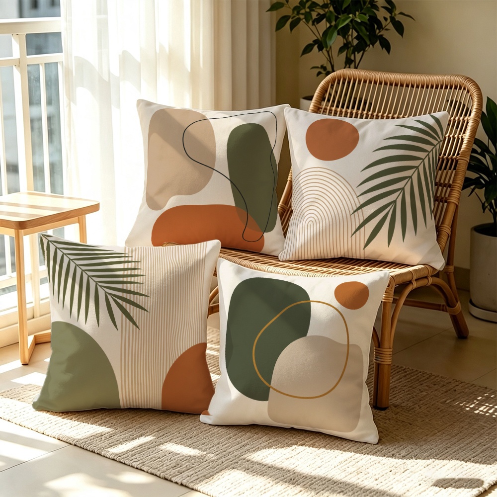 TEMU 2d Flat, 4pcs, Morandi Abstract Geometric Palm Leaf Print Pillowcases, Minimalist Nordic Style Home Decor Cushion Covers, Gift For Family, , ,