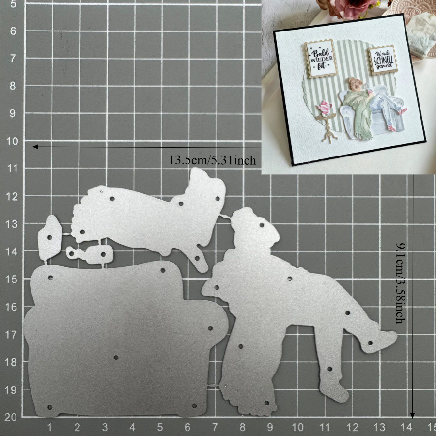 Image of A Woman Sitting Wrapped In A Woolen Blanket, Along With Metal Cutting Dies, Molds For Scrapbooking, Craft Knives, And Stencils For Photo Albums