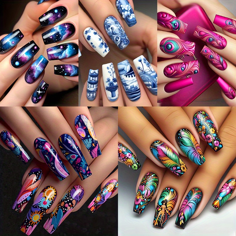 TEMU 120pcs (5 Pack) Mixed Color Ballet Nail Stickers, Long Length Feather &leaves Pattern, Press-on Nails, Fashionable Removablenail Art Decals