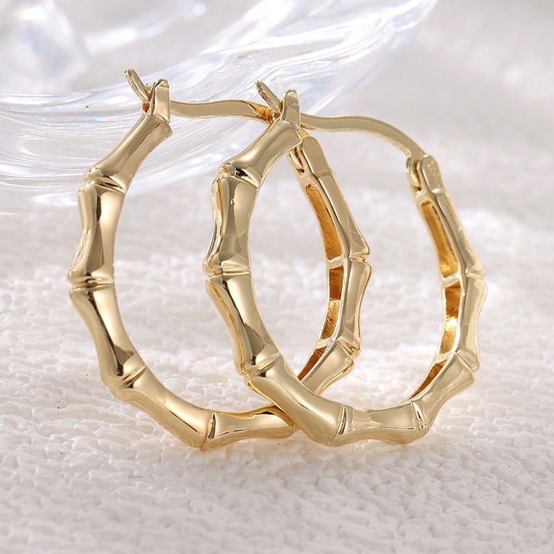 TEMU 1pc 1pcs Women' Plated Bamboo Hoop Earrings - Bohemian Minimalist Hoops With Bamboo Joint, Suitable For Wedding, Engagement, Party Jewelry,