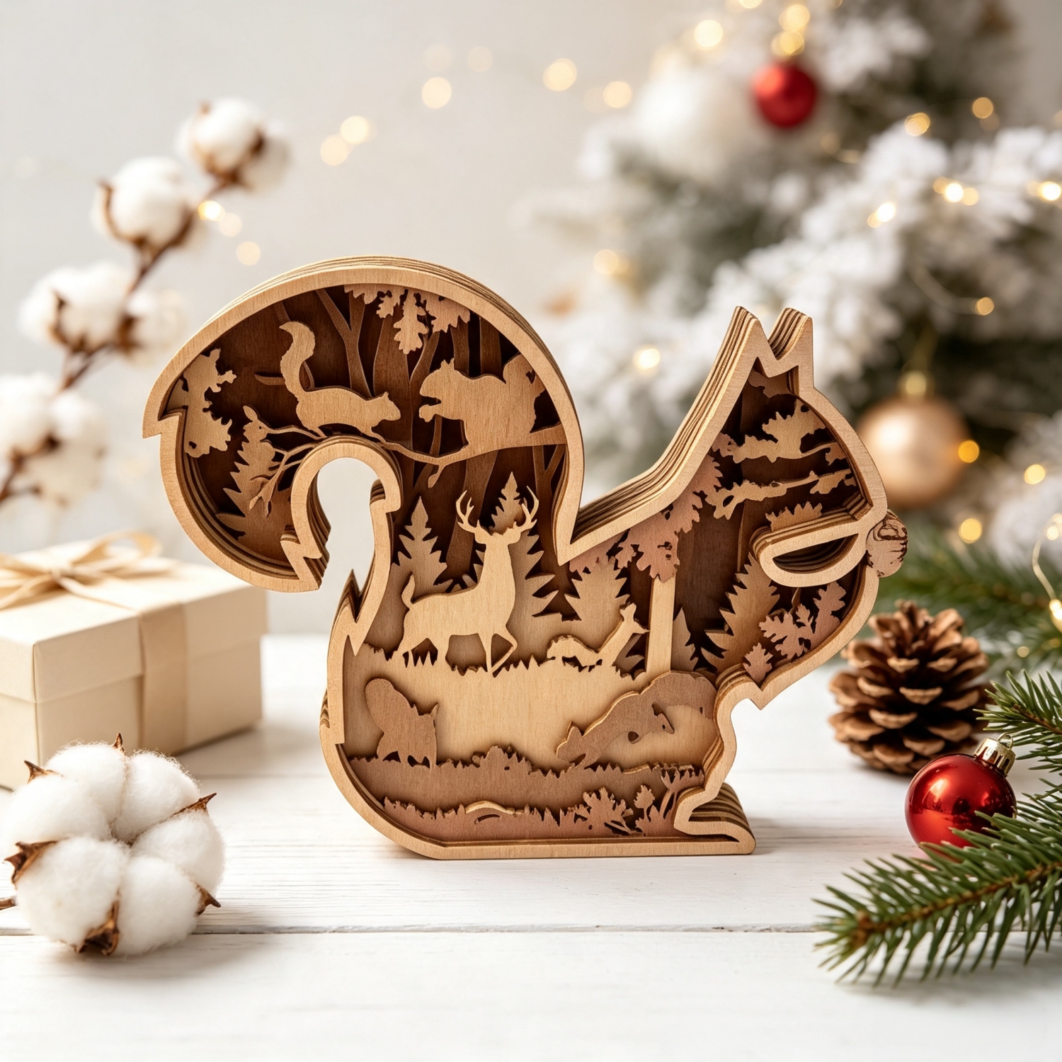 TEMU Figurines en bois 3D à de écureuils, sculpture en bois à couches de scène animale de et de forestière gravée au laser, décoration de table