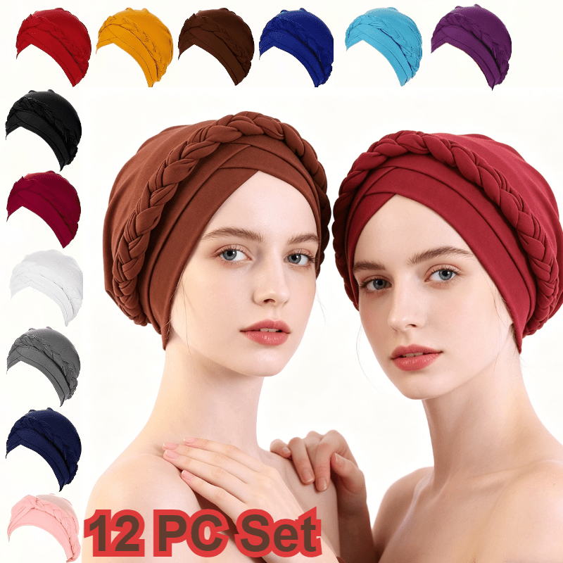 TEMU 12 Pack Braided Turban For Women Ethnic Bohemian Twisted Hair Cover Wrap Hat, Pre Tied Bonnet Soft Breathable Lightweight For Daily Use