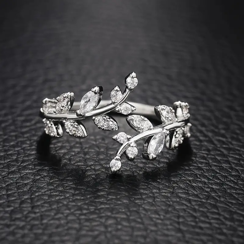 TEMU Anillo de hoja de lujo para mujer, de acero inoxidable 316 plateado, de , a y de tendencia, con incrustaciones de circonita sintética. Anillo