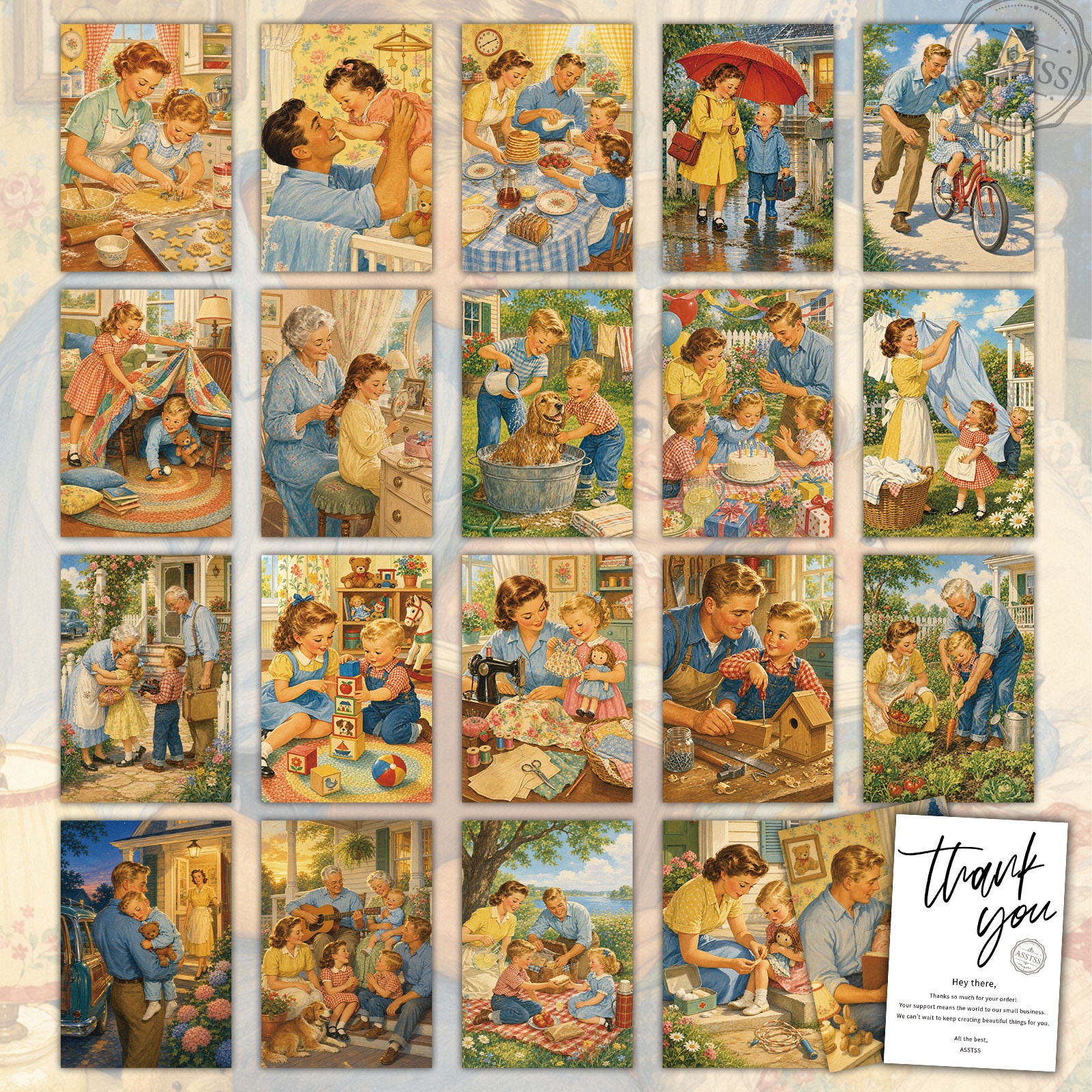 TEMU 21-pack Asstss Vintage 1950s American-style Cozy Family Postcards - 4x6 Inches Retro Junk Journal Supplies, Classic Pinup Illustrations