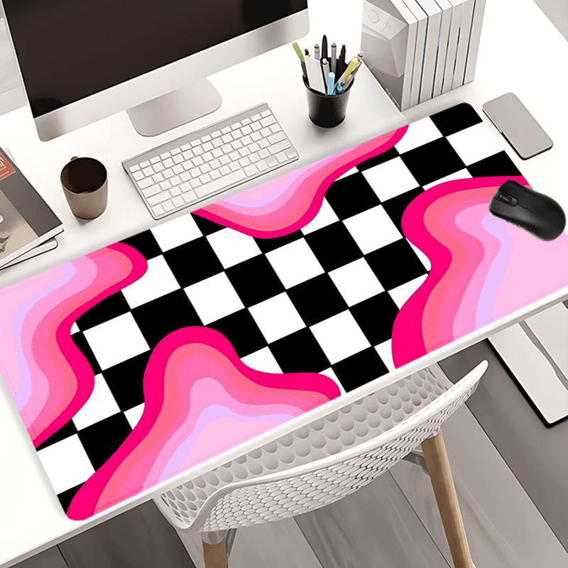 TEMU Tapis de bureau de jeu 1 pièce extra-large en diatomite, style géométrique moderne, et -souris et clavier - Modèle de base, motif à noir et rose