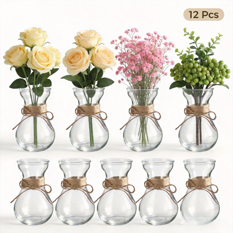 Image of 12pcs Glass Bud Vases For Centerpieces Bulk 3.5 Inch Mini Flower Bouquets Vases Small Cute Crystal Ribbed Glass Bud In Bulk For Wedding Baby Bridal Shower Table Party Home Decor (clear)