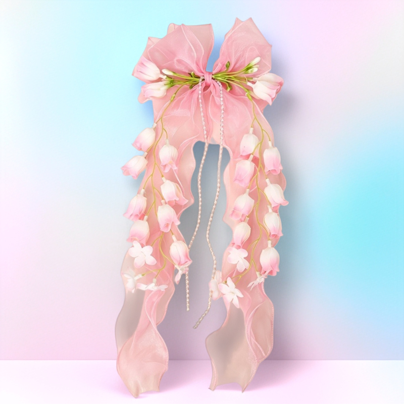 TEMU 1pc Large Tulle Bow Hair Accessory With Long Ribbon Tail - Spring Organza Hair Clip, Bohemian Style Wedding Hairpiece In Pink, Yellow, Blue,