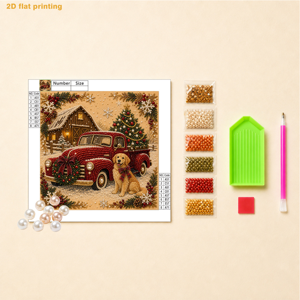 TEMU Diy Pearl Art Painting Kit - Christmas Red Pickup Truck, Golden Retriever, And Wreath Pattern, Includes Round Pearls, Shiny Gems, Clear Symbols,
