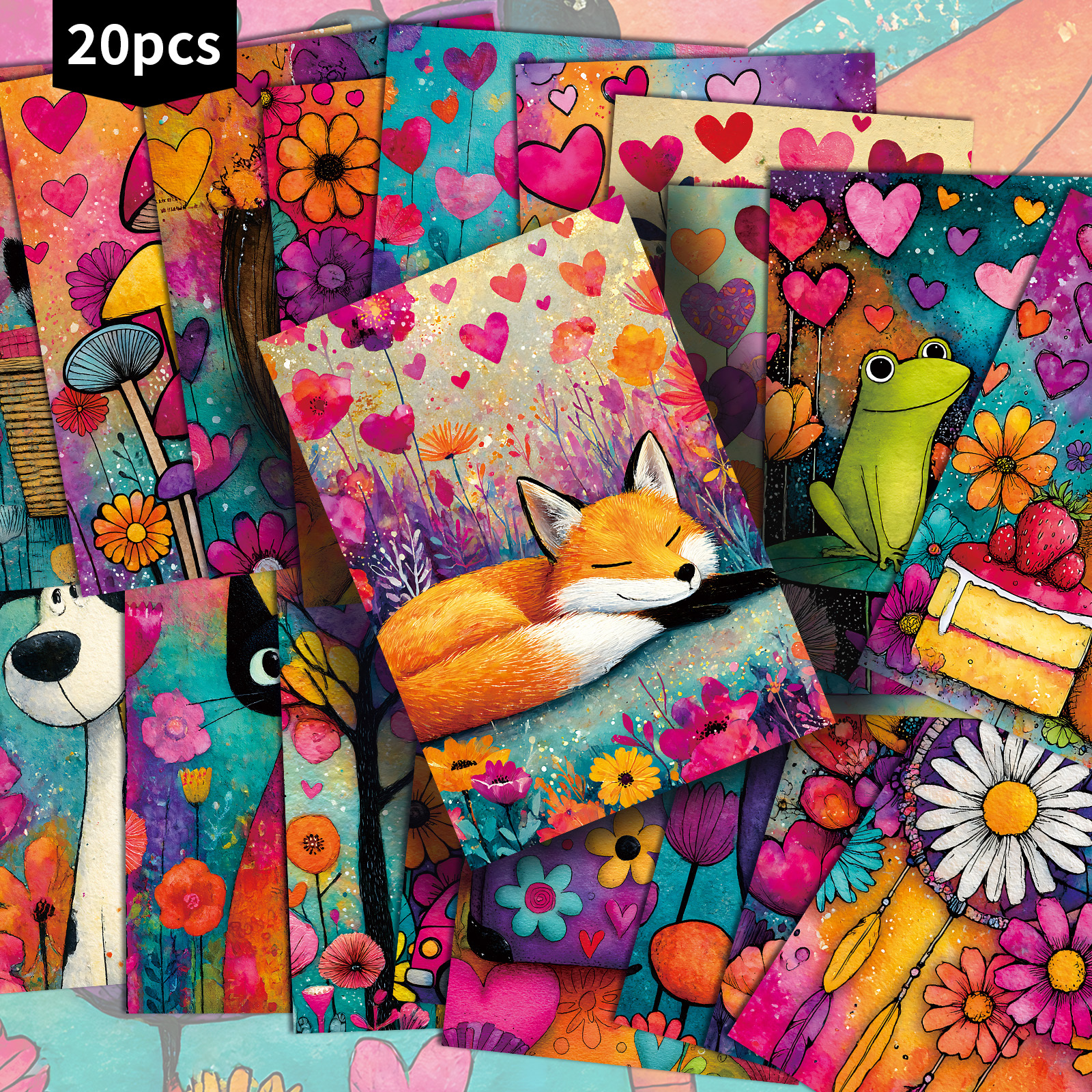Image of 20-pack Vintage Colorful Animals Autumn Postcards - 4x6 Inches Junk Journal Paper, Classic Pinup Illustrations, Collectible Decorative Painting Cards For Scrapbooking & Crafting