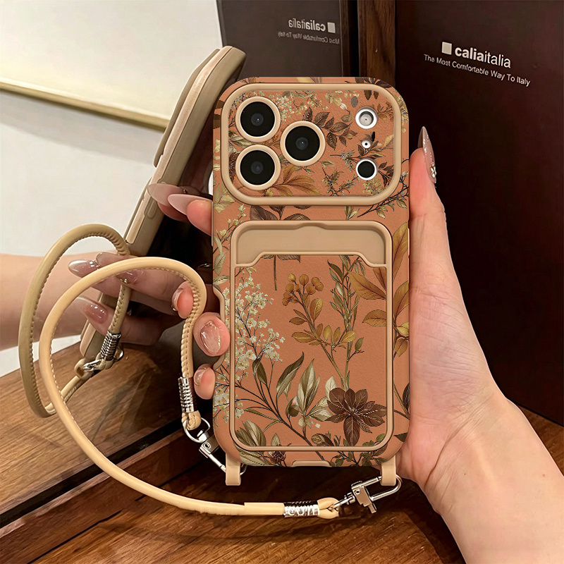 TEMU Coque de téléphone - Housse de téléphone rétro marron avec motif de feuilles d'érable, porte-cartes, style cordon, protection intégrale de