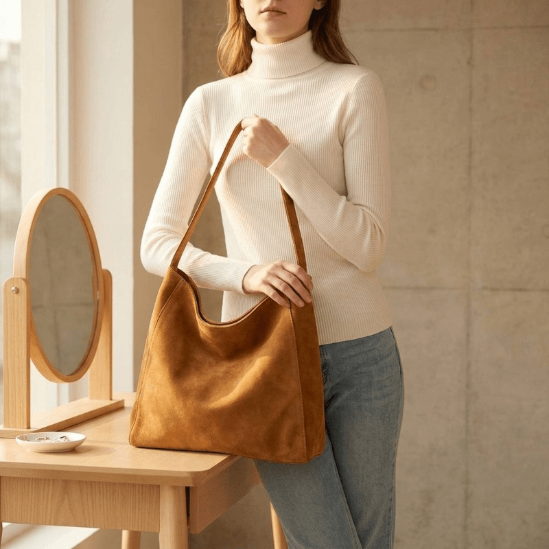 TEMU Women's Shoulder Bag - Women's Fashionable Soft Suede Tote Bag, Retro Large Capacity Shoulder Bag, Solid Color Casual Handbag, Suitable For