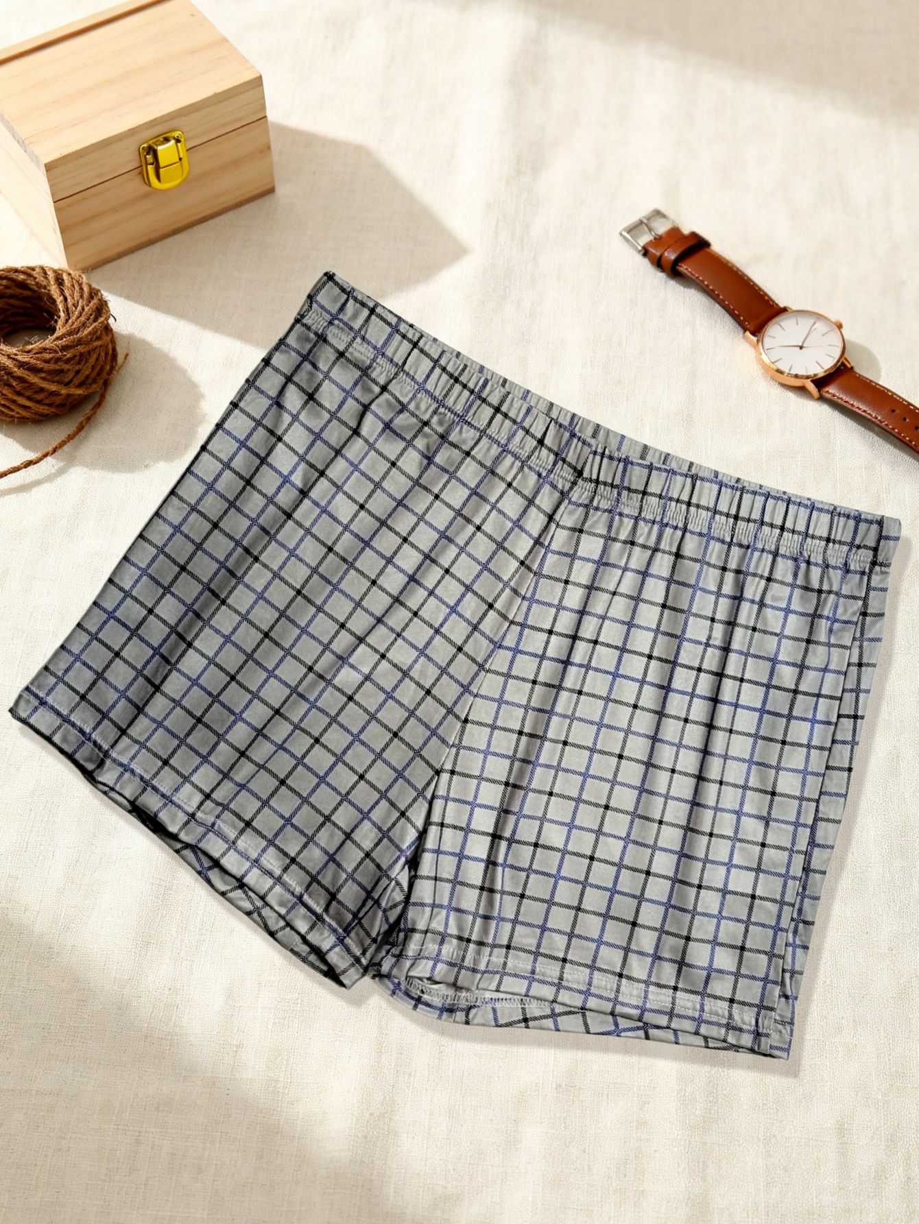 4pcs Random Men's Plaid Pattern Lounge Shorts