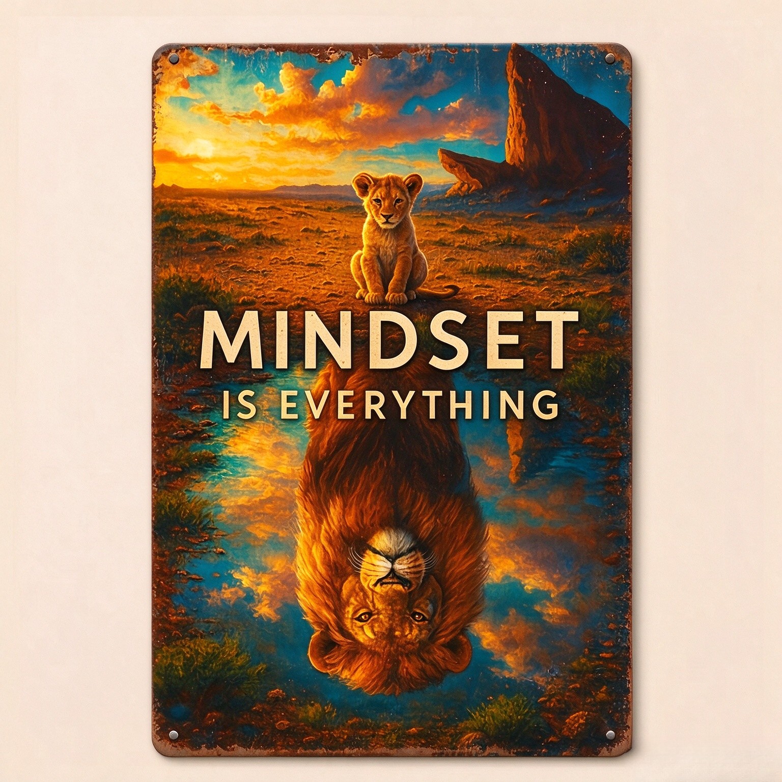 TEMU 2d Flat, [2d Flat] Lion Reflection Wooden Wall Art Sign - 2d Flat Design, Mini Wooden Plaque - Inspirational Poster With "mindset Determines
