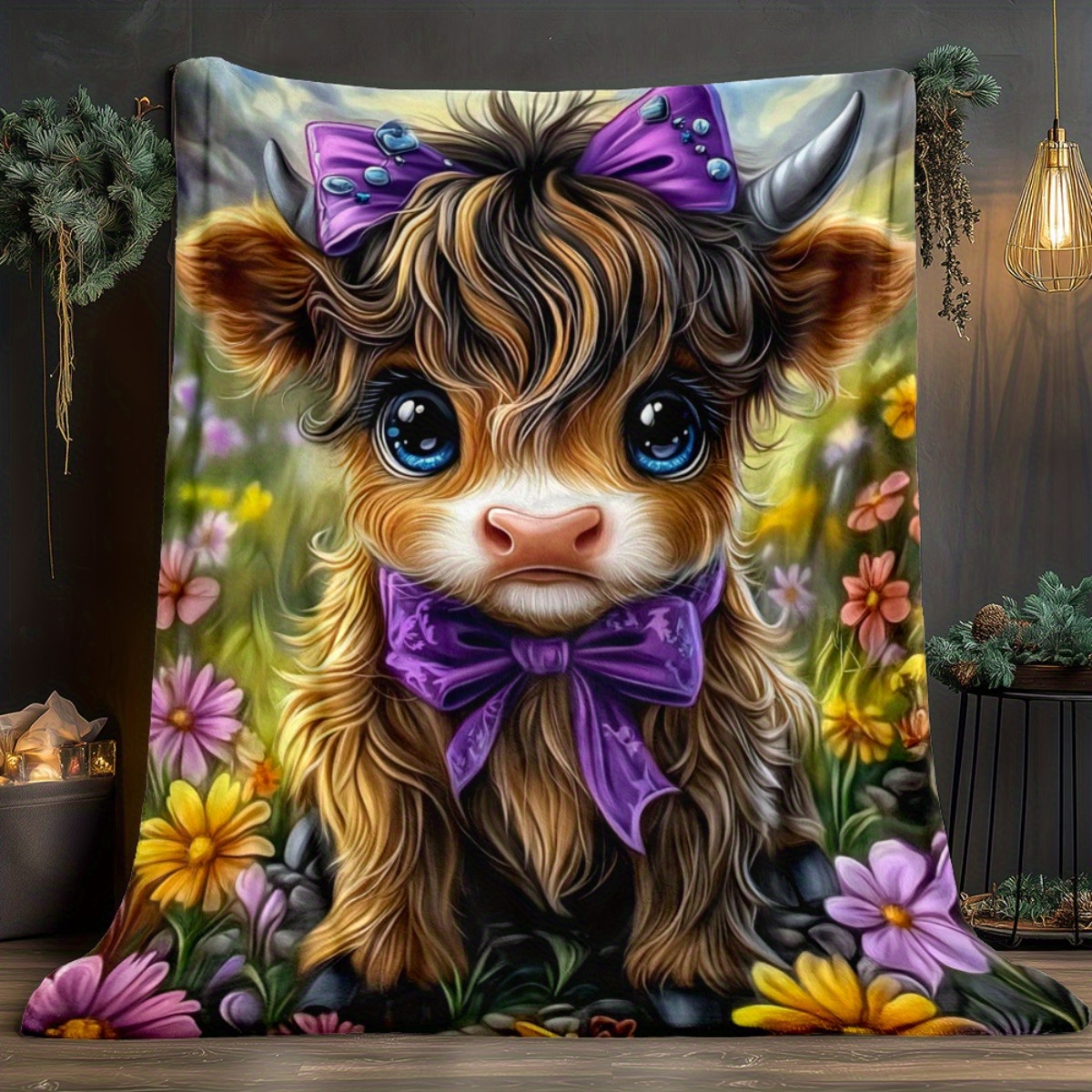 TEMU 1pc Highland Cow With Purple Bow Blanket- Lightweight Flannel Throw For Sofa, Outdoor, Camping, Livingroom, Office, Chair, And Bed - Digital