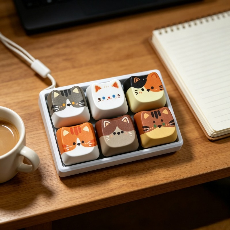 TEMU 6 Keycaps Adorables de Chat - Keycaps Rectangulaires de Chat avec une Base Blanche et un Dessus de Chat, Adaptés pour de Sac et de Sac à Dos,