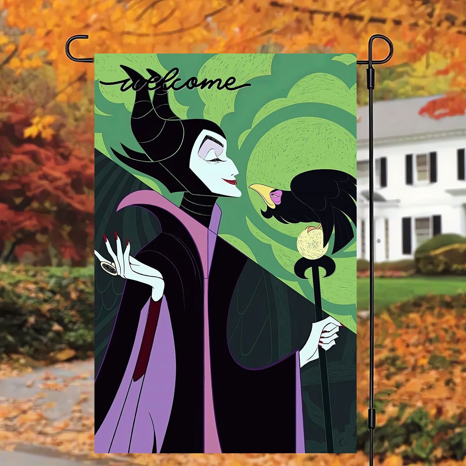 

1pc Double-sided Maleficent Themed Garden Flag, Polyester Welcome Yard Flag, Seasonal Outdoor Decor, Machine Washable, With No Electricity Required, For Lawn And Holiday Display