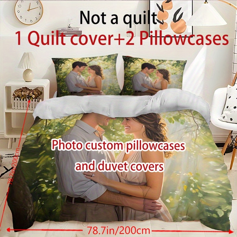 customize your personalized photos 2 3pcs set   couple photo quilt cover pillowcase set for   polyester fabric with zipper closure and single sided printing machine washable bedding set 1x quilt 2x pillows no inserts   bedroom or camping Product details 5