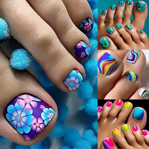 96pcs summer floral press on toenails for women short square matte black acrylic nails with colorful leaf design floral patterns reusable artificial toenails 4pcs quick manicure solution