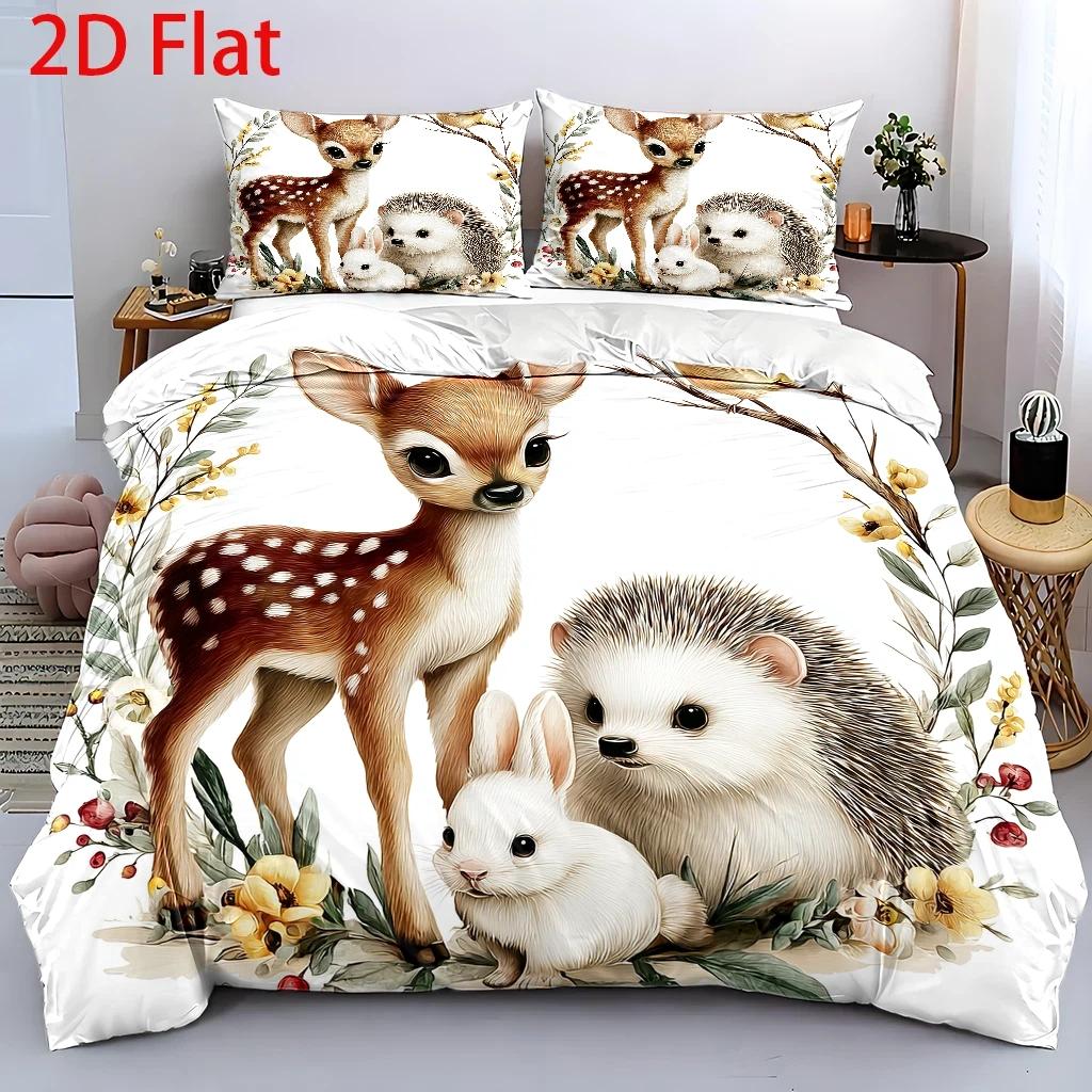 item picture 3pcs duvet cover set 1pc duvet cover and 2pcs pillowcases no filling 2d flat printing duvet cover set   rabbit hedgehog forest theme watercolor     forest festival   suitable machine washable