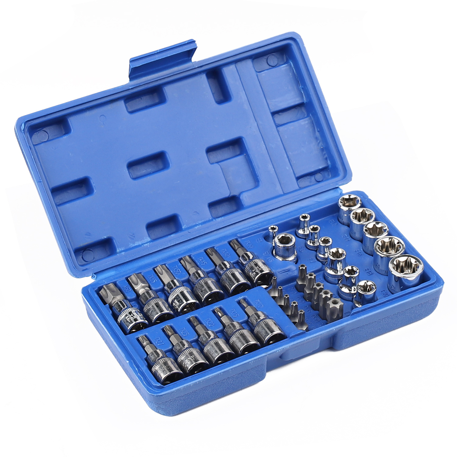 

34pcs Steel Torx Bit Socket Set, 3/8-inch Drive With E-torx & Sockets, Tamper Proof Star-shaped Sizes Tt10-, Includes 5/16"f To 3/8"m Adapter