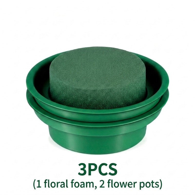 TEMU Set da 3 pezzi (1 pz di schiuma e 2 pezzi di vasi per fiori) Kit per composizioni con ciotola in schiuma verde, per fiori freschi e fiori